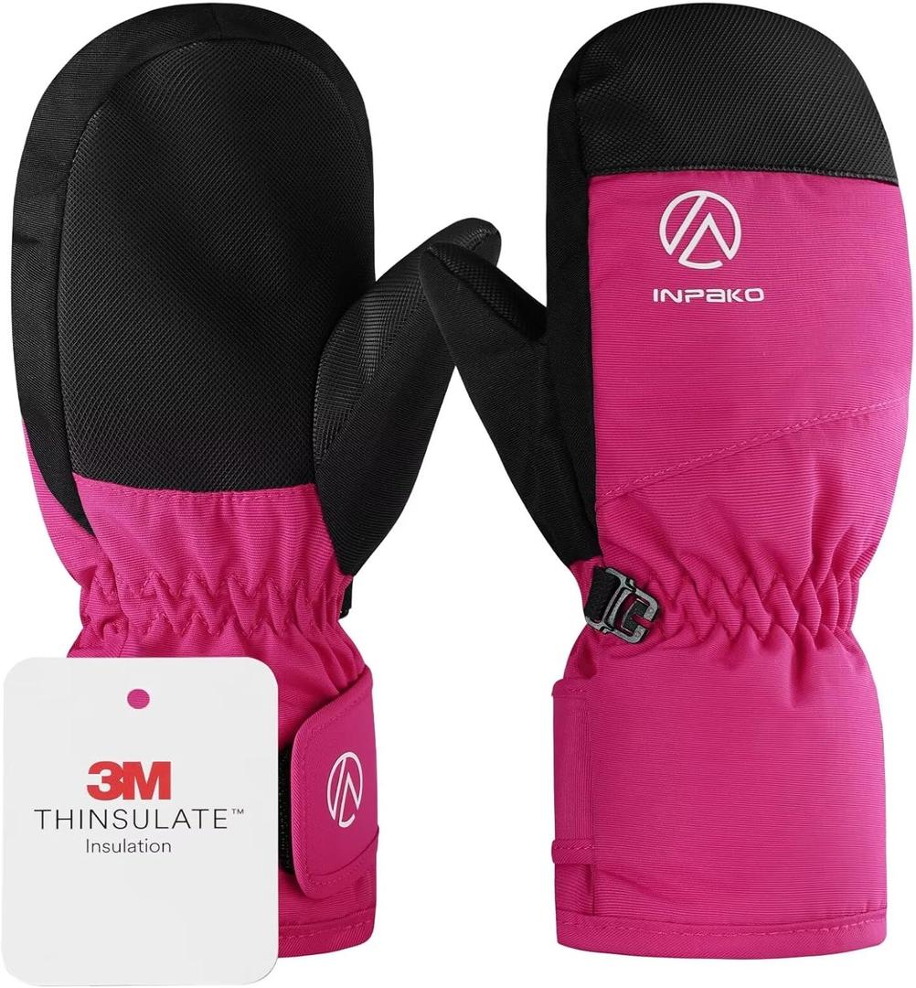 INPAKO Kids Ski Gloves Waterproof Winter Snow Gloves for Boys Girls Cold Weather Windproof Warm Mittens for Snowboard Sport Outdoor (4-6 years old, Rose Red)