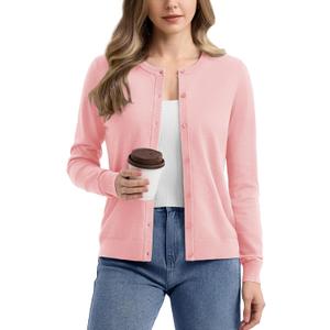 YUCOLEN Women's Cardigans Sweater Lightweight Button Down Crew Neck Long Sleeve Soft Knit Casual Cardigan (Pink, XXL)