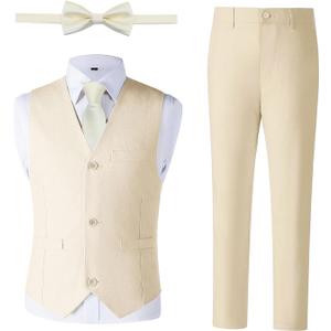 Boys Linen Suit, Toddler Wedding Tuxedos, Teens Boy Suits Set for Kids Beach Summer Outfits (7, Champagne)