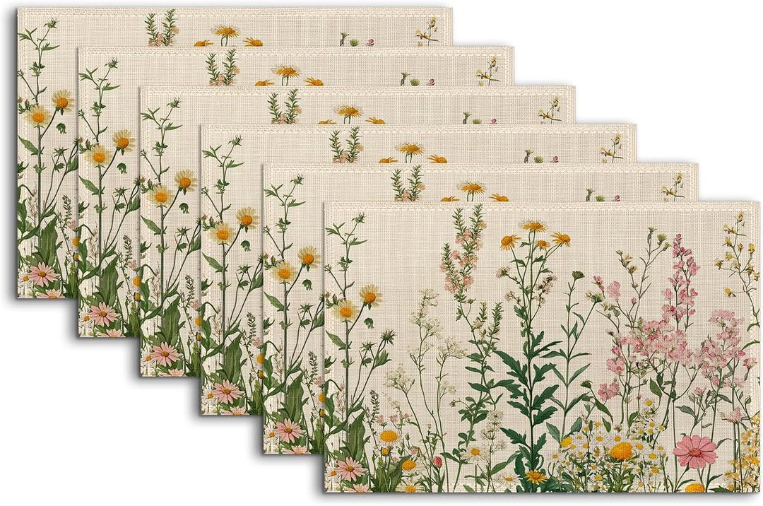 Wildflowers Placemats Set of 6,Floral Vintage Washable Linen Table Mats for Kitchen Dining,Indoor Outdoor Decor,12 x 18 Inches