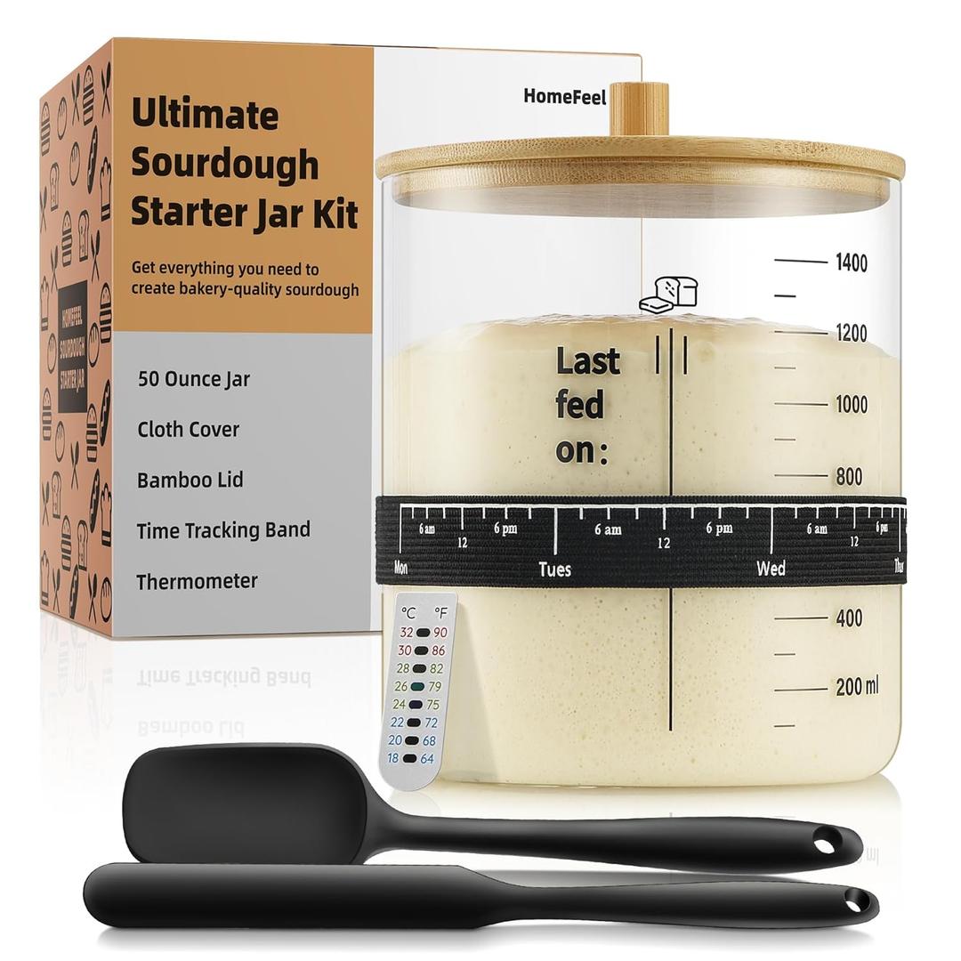 Premium Sourdough Starter Jar - 50 oz Large Glass Jar with Bamboo Lid, Cloth Cover, Date Tracker, Thermometer and Scraper, Stylish Design and Wide Mouth Starter Kit