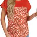 Vrtige Women's Floral Panel Short Sleeve Blouse Round Neck Casual Tops Summer Shirt with Pocket (XL)