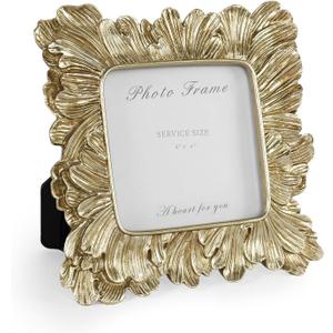 Cuspin 4x4 Gold Picture Frame, Vintage Gold Photo Frame Square with Glass Front, Resin Palm Leaves Textured Picture Frames for Wall Hanging and Tabletop Display Retro Home Decor (Feather Petal Gold)