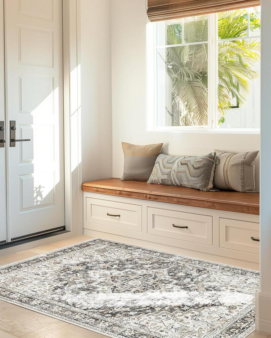 Freyja Washable Rugs 3x5 Area Rug, Soft Non Slip Distressed Indoor Door Mat, Vintage Thin Floral Rugs for Bedroom Bathroom Floor Kitchen Entryway Laundry Room Decor (Rustic Brown)