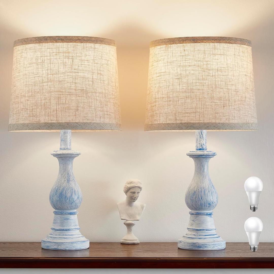 Vintage Table Lamp for Living Room Bedroom, 18.5" Farmhouse Bedside Lamps Nightstand Lamp Set of 2, Table Lamps with Oatmeal Linen Lamp Shades, 2 LED Bulbs Included, Washed Blue