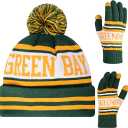 Vintage Classic Skull Cap Beanie Hat Cuffed Winter Hat Knit Comes with Warm Gloves Gifts for Men Women Fans, Color: Green Bay P