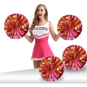 Pack of 4 Cheerleading Pom Poms 12 inch 80g Foil Plastic Metallic Cheerleader Pom Poms for Cheer Sport Kids Adults Team Spirit Cheering (Rose Red/Gold New)