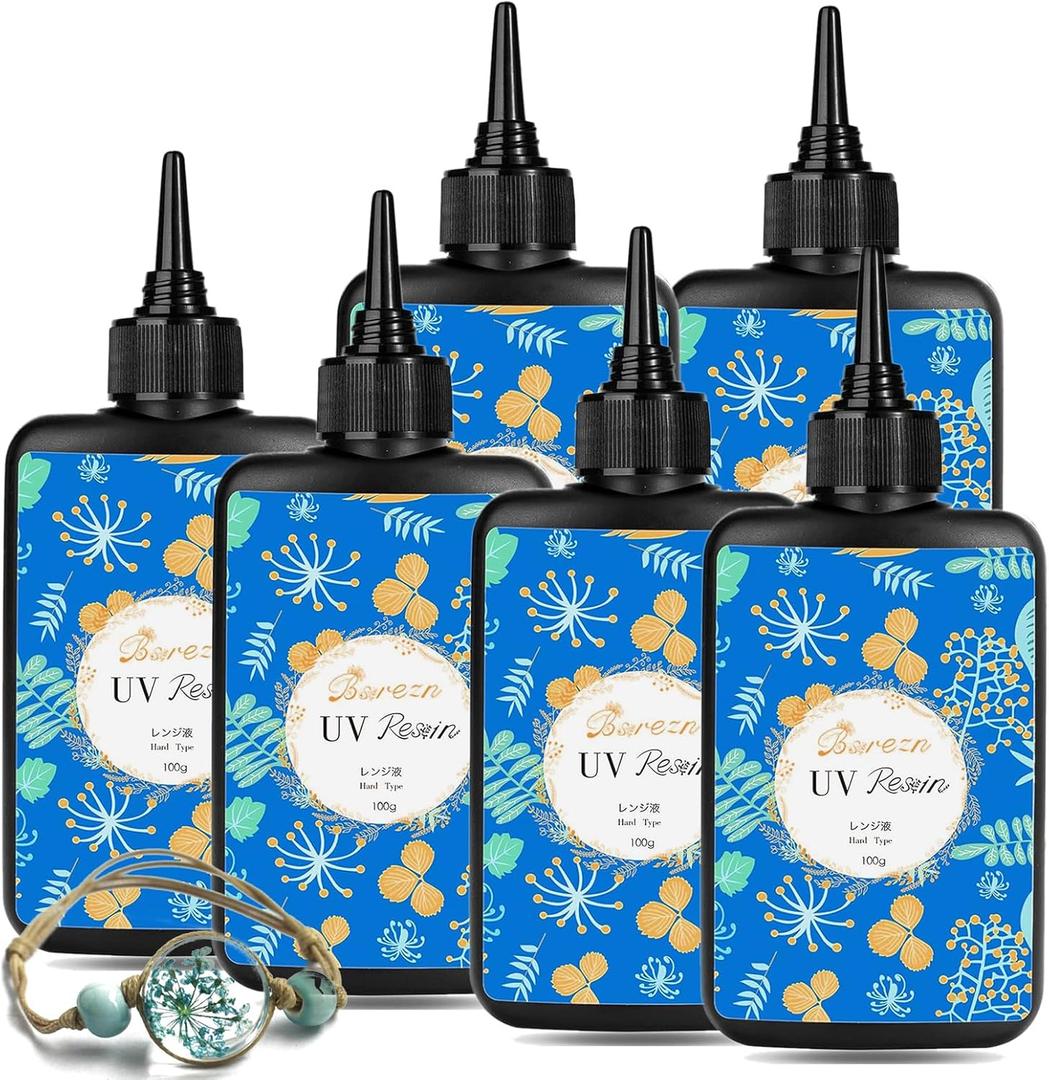 Bsrezn 600g UV Resin Hard, Crystal Clear Premixed UV Glue for Jewelry Making (100g x 6)