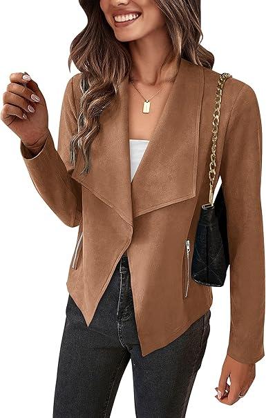 PRETTYGARDEN Women's Faux Suede Jackets 2026 Fashion Fall Clothes Long Sleeve Open Front Cropped Coat Outwear, M
