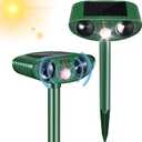 2 Pack Solar Animal Repeller Outdoor, Cat Deterrent with Ultrasonic & Flashing LED - Night Time Motion Activated Pest Control for Garden Yard to Repel Cats, Raccoons, Deer, Skunks, Squirrels (Green)