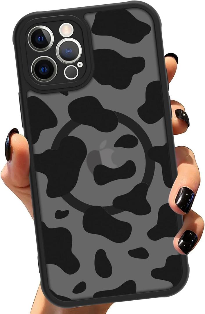 ZIYE Magnetic Case for iPhone 12 Pro Compatible with MagSafe Cow Print Pattern Cover Camera Lens Protection Slim Shockproof Soft TPU Bumper Hard Back Phone Case for Women Men-Black