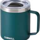 SUNWILL Travel Coffee Mug with Lid, Insulated Cup with Handle, 14 oz Stainless Steel Tumbler for Camping, Office, Outdoor, Powder Coated Dark Green