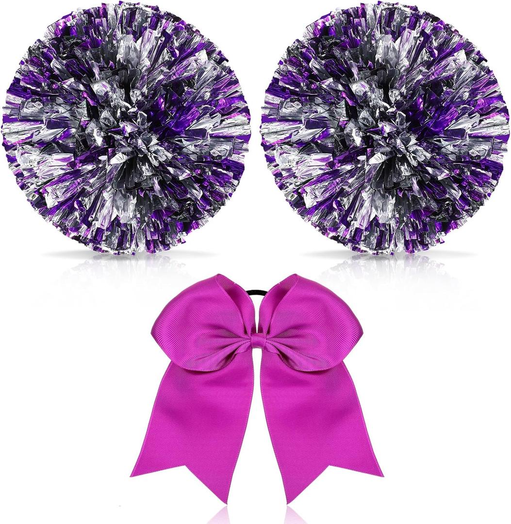 Hanaive 3 Pcs Cheerleading Pom Poms and Large Cheerleader Hair Bow Metallic Cheer Supplies for Team Spirit Sports Dance Cheering (Purple Mixed Silver)