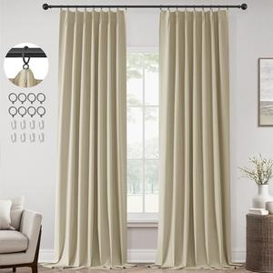 ChrisDowa Greyish Beige Pinch Pleated Blackout Linen Curtains 105 inches Long 2 Panels for Living Room Bedroom Farmhouse Room darking Thermal Insulated Back Tab Hooks Rings Window Treatment Drapes