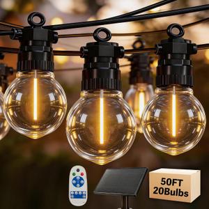 50FT Solar Outdoor String Lights with 20 LED Bulbs, IP65 Waterproof, Remote Control & Dual Solar-USB Charging for Patio, Garden, Backyard & Party