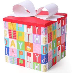 BIOBROWN Medium Birthday Gift Boxes with Lids for Presents, 9x9x9 Inches Colorful Block Design Collapsible Gift Box for Birthday, Baby Shower, Party