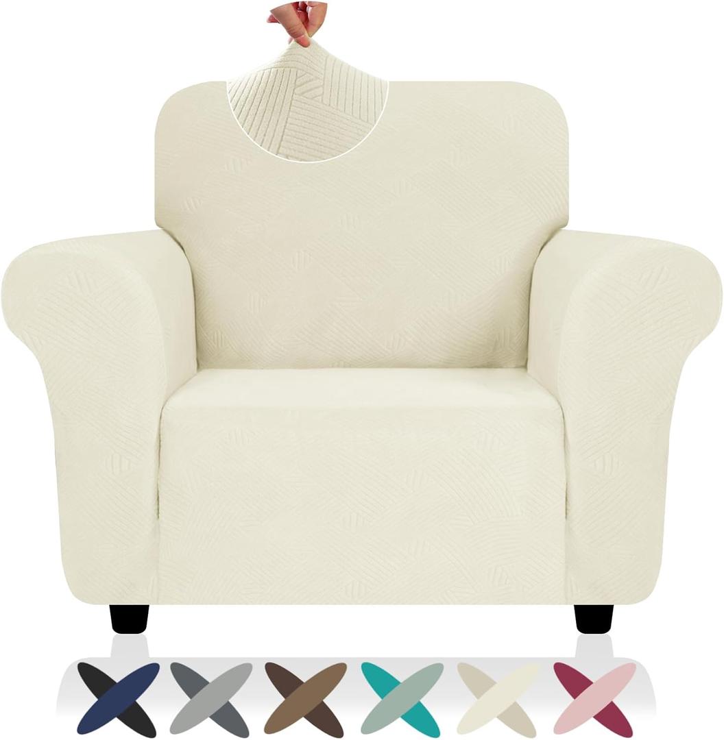 ZNSAYOTX Super Stretch Chair Slipcover (30"-47"), New Striped Sofa Chair Covers for Living Room, Dogs Pet Friendly Anti-Slip Chair Protector Spandex Armchair Slipcovers (Beige, Chair)