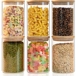 Glass Food Storage Jars 37 oz Set of 6,Glass Storage Containers Clear Glass Food Canister with Bamboo Lid Airtight For Serving Tea, Coffee, Flour, Sugar, Candy, Cookie, Spice and More (Square)