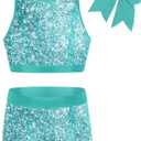 Vogseek Gymnastics Leotards for Girls with Shorts Sparkly Ballet Dance Unitards Biketards Kids Activewear (6-7 Years, Blue)