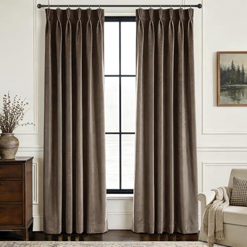Jolilight Pinch Pleated Brown Velvet Curtains for Living Room Modern Elegant Plush Velvet Luxury Fabric Room Darkening Window Drapes Bedroom Curtain 40x102