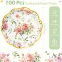 Kochorie 100 PCS Scalloped Party Plates, 7 Inch Disposable Floral Paper Plates, Pink Flower Paper Plate, Floral Dessert Plate Bulk for Birthday Bridal Baby Shower Wedding Party Supplies