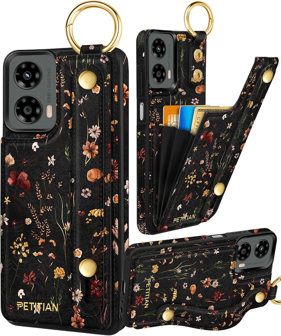 Petitian for Moto G 5G 2024 Case with Wallet - Women Girls Cute Girly Aesthetic Unique Design Leather Credit Card Holder Cardholder Stand Wristband for Motorola G 5G 2024, Grow Flower