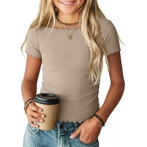 Girl’s Short Sleeve Shirts | Lettuce Trim, Boat Neck Tops, Summer Casual Tee, Basic Cute T-Shirts, 5-16 Years