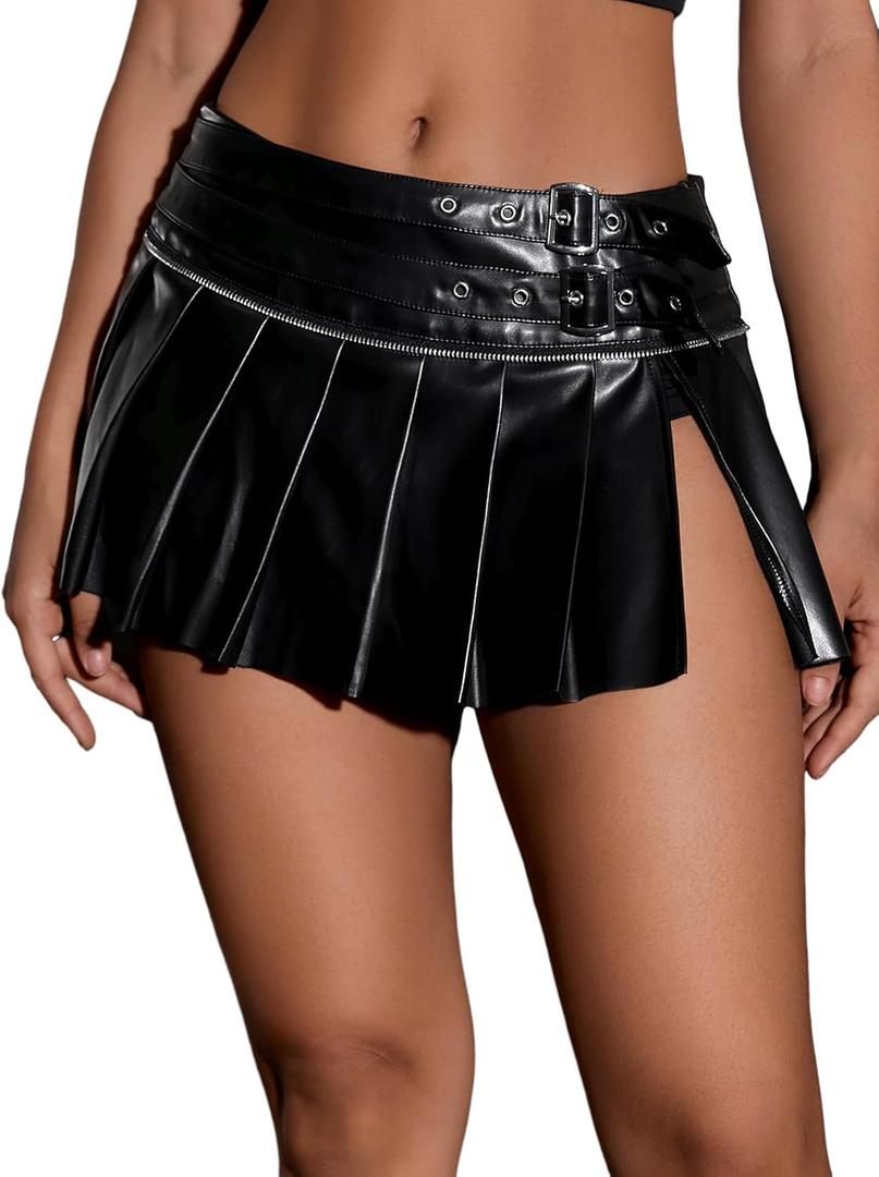 MakeMeChic Women's Pleated Leather Skirts Buckle Low Waisted Y2K Belted Mini Skirts (Medium, Black)
