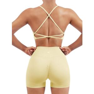 SUUKSESS Women Seamless Workout Sets Strappy Sports Bra High Waist Booty Shorts Outfits (4-6, #1 Pale Yellow)