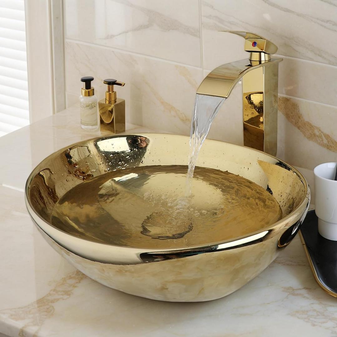 Oval Gold Vessel Sink with Faucet and Pop-Up Drain 17"x14" Bathroom Ceramic Basin Above Counter Bowl Sinks Thickened Compact Boat Shape Sinks for Small Bathrooms Vanities and Apartment Top