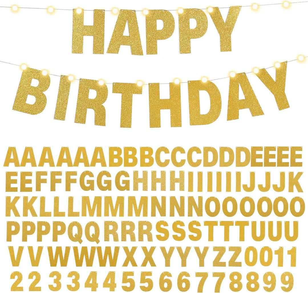 TaoBary 112 Pcs DIY Letter Kit Glitter Customizable Banner Letters Include 107 Letters and Numbers 3 Rope and 2 Needles for Birthday Halloween Christmas Wedding Valentine Party Decor(Gold)