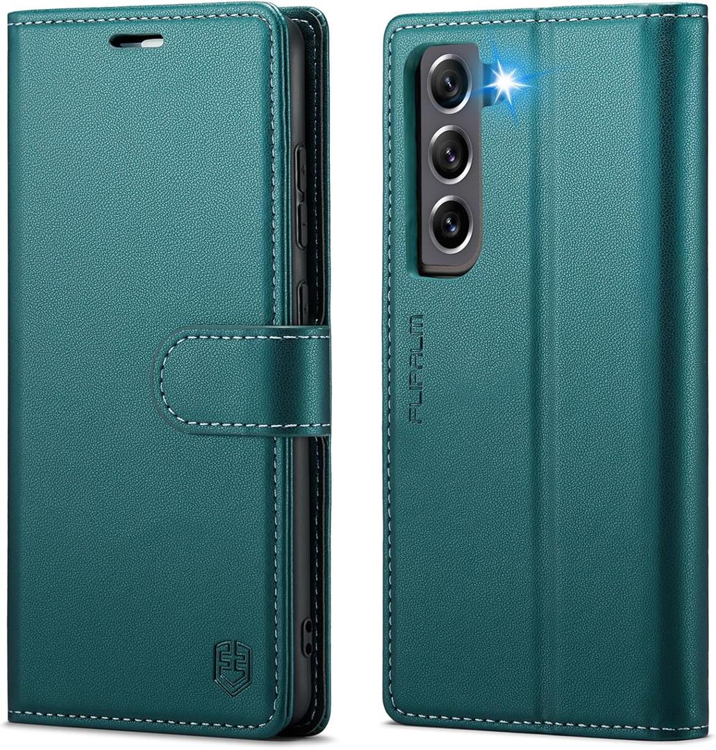 Wallet Case for Samsung Galaxy S21 FE 5G, RFID Blocking Credit Card Holder, PU Leather Folio Flip Kickstand Protective Shockproof Cover for Galaxy S21 FE (Blue-Green)