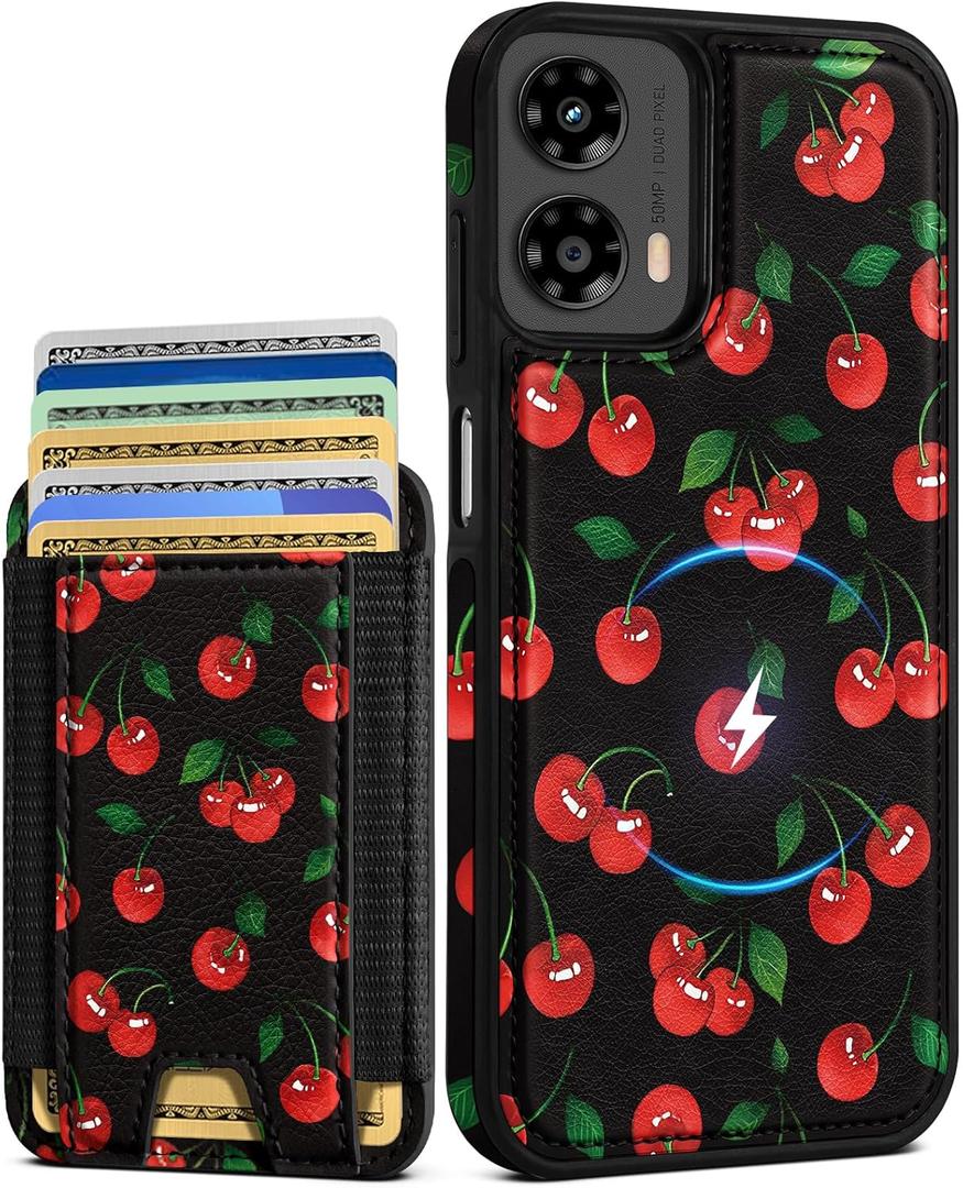 Shorogyt for Motorola Moto G 5G 2024 Cute Kawaii Leather Phone Case - Compatible with Magsafe Wallet Magnetic Credit Card Holder Fashion Cherry Design Phone Cover for Women Girls, Fits 7 Cards