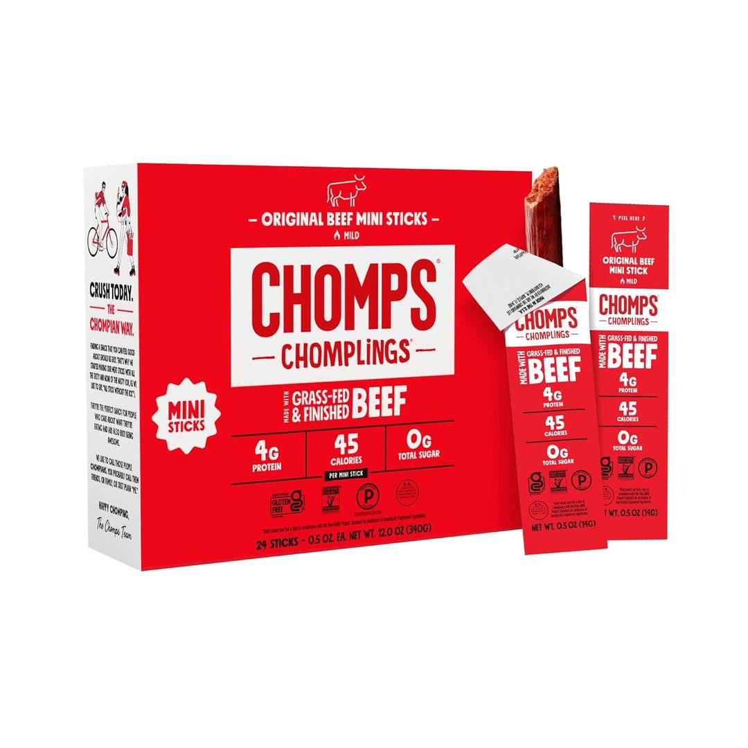 Chomps Snack Size Grass-Fed Original Beef Jerky Snack Sticks 0.5oz 24-Pack - Keto, Paleo, Whole30, 4g Lean Meat Protein, Gluten-Free, Zero Sugar Food, Non-GMO Chomplings, Best Before: 03/16/2027
