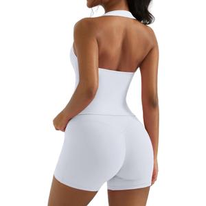 OMKAGI 2 Piece Workout Sets for Women Halter Sports Bra Tank Gym Biker Shorts Outfits (X-Large, White)