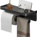 Double Toilet Paper Holder with Shelf, Commercial Toilet Paper Towel Holder Wall Mount, Tissue Roll Holder for Bathroom Kitchen RV, Double Tissue Roll Rack with Adhesive & Screw (Matte Black)