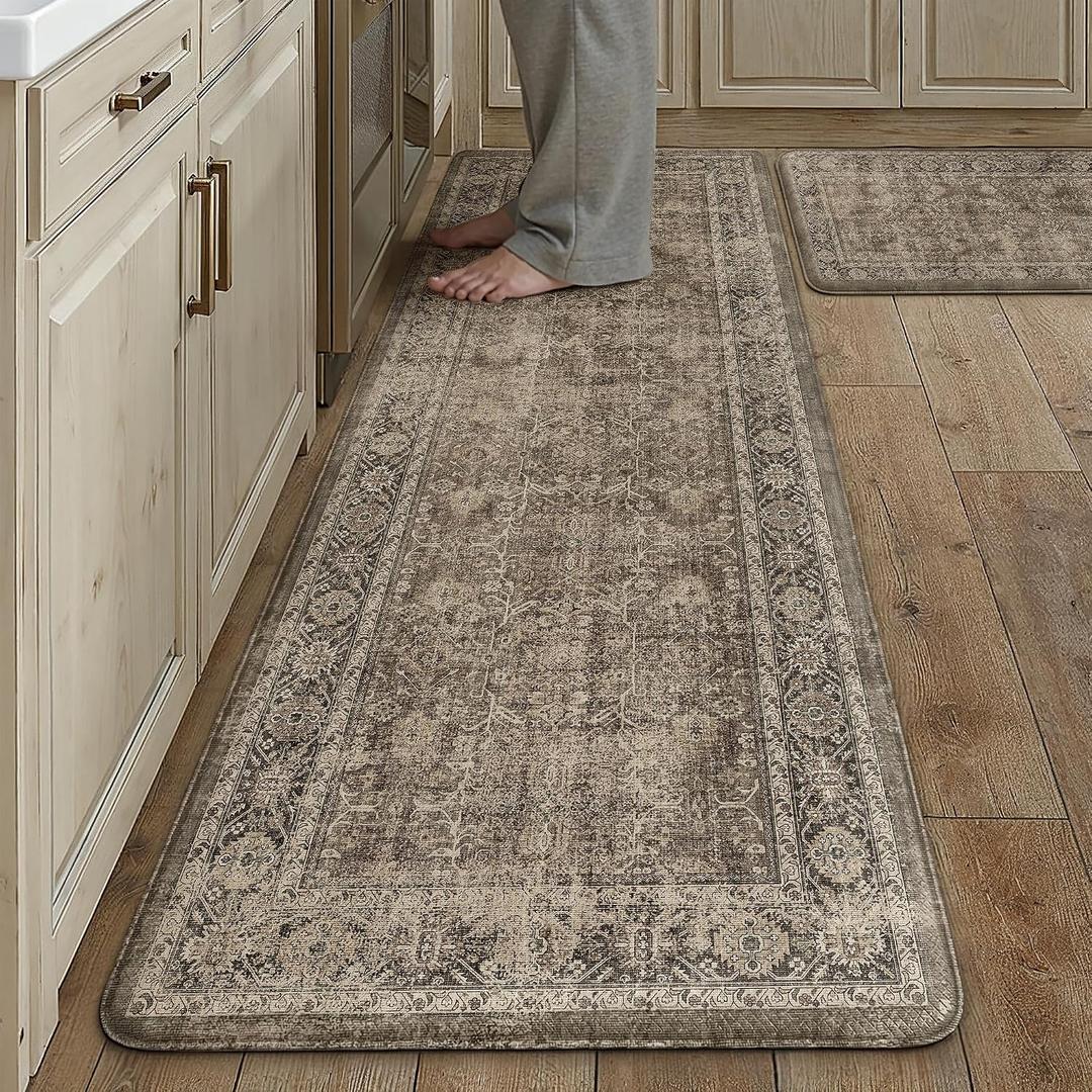 PureCozy Kitchen Mats 2PCS Anti Fatigue Cushioned Mat Brown Vintage Kitchen Mats for Floor Waterproof Non Slip Comfort Standing Distressed Rug for Sink Laundry Office 17.3"x59"+17.3"x30"
