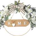 Home Wreaths for Front Door - 12 Inch Hanging Wooden Wreath with Bow for Farmhouse Indoor Outdoor, Rustic Greenery Wreath with Eucalyptus Welcome Sign for Home Wall Housewarming Decor