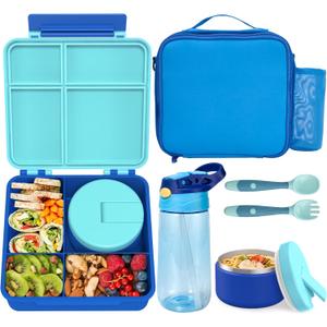 Kids Bento Lunch Box with 8oz Soup Thermo, Water Bottle, Kids Leakproof Lunch Food Containers with 4 Compartment, Insulated Hot Food Jar with Lunch Bag for School, Trvael (Blue)