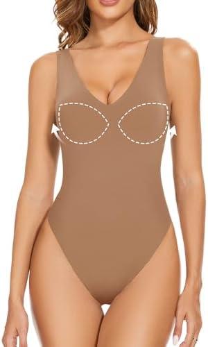 Decorus Women's Shapewear Tank Bodysuits - Plunge V Neck Sleeveless Shapewear： Built in Bra V Backless Thong Body suits Tops, Large