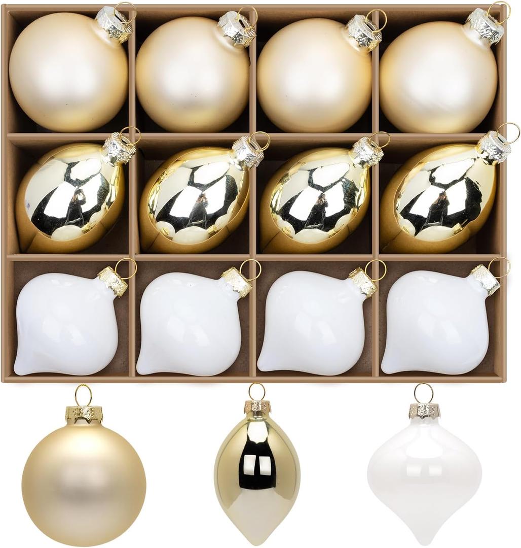 12 Pcs Gold Glass Christmas Ball Ornaments Set, Assorted Hanging Baubles for Christmas Tree, Vintage Blown Gold Decorations for Winter Holiday Xmas Tree Decor