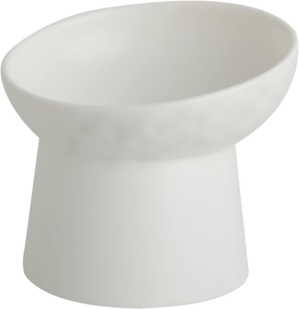 KITCHENLESTAR Small Ceramic Raised Cat Bowls, Tilted Elevated Food or Water Bowls, Stress Free, Backflow Prevention, Dishwasher and Microwave Safe, Lead & Cadmium Free(White)