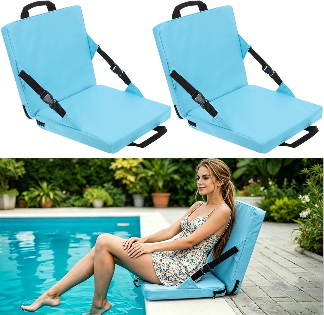 2Pcs Foldable Poolside Chairs, Lightweight Portable Folding Beach Chair Pool Seats Pad for Edge of Pool, Beach, Camping, Picnic, Lawn with Back Support & Carry Bag, Blue