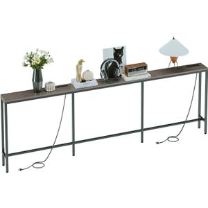 94.5" Behind Couch Table with 2 Fast Charging Stations, 7.1" Narrow Skinny Sofa Table with 4 Power Outlets, 4 USB-A, 2 USB-C for Console Entryway, Black Oak, 94.5"L x 7.1"W x 32.3"H