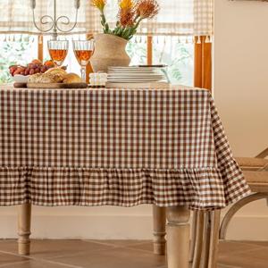 Brown Plaid Ruffled Table Cover Linen Rectangle Gingham Tablecloth Classic Farmhouse Vintage Checkered Table Cover Decorative Buffalo Plaid for Home Holiday Party 120 x 67Inches (Coffee)