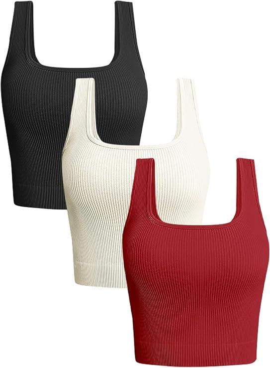 OLCHEE Womens 3 Pack Crop Tank Tops Basic Seamless Ribbed Sleeveless Square Neck Workout Top Summer Exercise Yoga Gym Shirts, XL