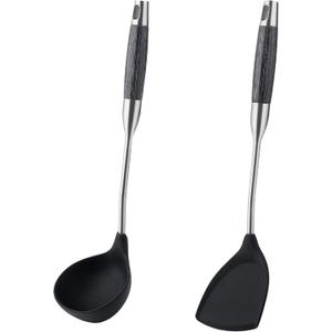 2 x FJNATINH Silicone Wok Spatula and Ladle Set - Stainless Steel Wok Tools, Wok Utensil,Non Stick Heat-Resistant Cooking Utensils BPA Free Kitchen Utensils Cookware (Black Stainless Steel-2PCS)
