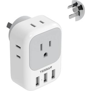 TESSAN Australia Power Plug Adapter, US to New Zealand Power Adapter with 4 American Outlets 3 USB Charger, Type I Travel Adaptor for USA to Australian, China, AU, Argentina, Fiji, Cook Islands, Samoa