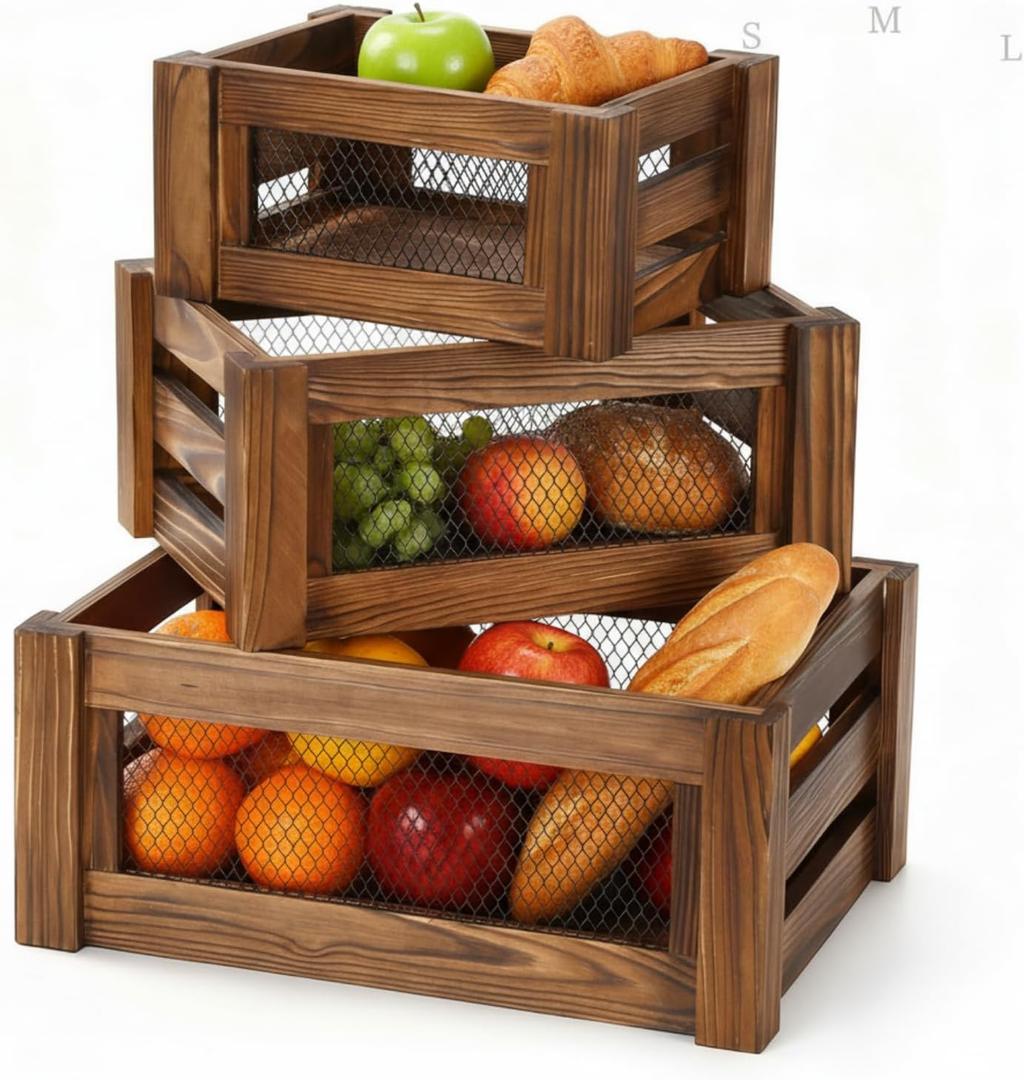 Kathfly Set of 3 Rustic Nesting Crates, Wooden Organizer Boxes Basket, Small Decorative Wood Wire Containers with Handle for Countertop Display, Fruit, Veggies, Kitchen, Bathroom, Pantry Storage