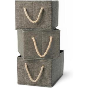 Amazon Basics Foldable Storage Bins with Rope Handles, Charcoal, Large, Pack of 3